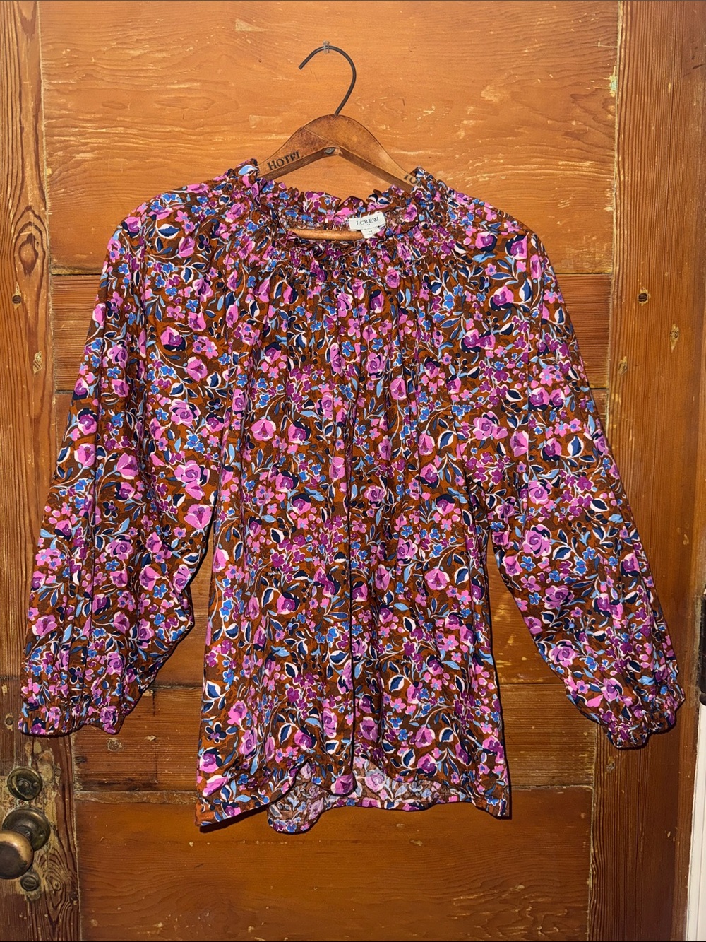 J. Crew Brown blouse with pink and blue floral pattern
